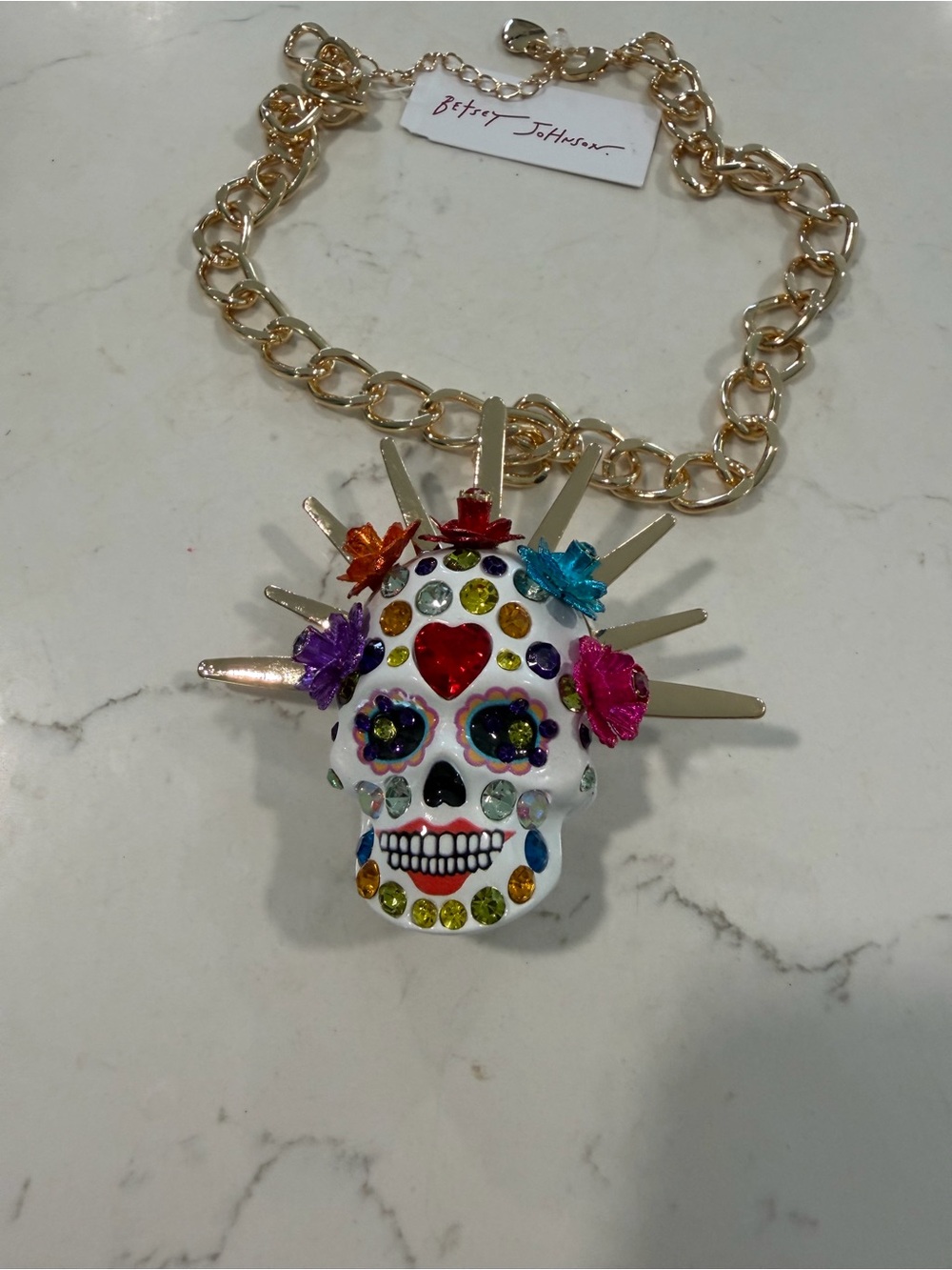 Betsey Johnson Gold Chain Necklace with Multicolor Skull Pendant